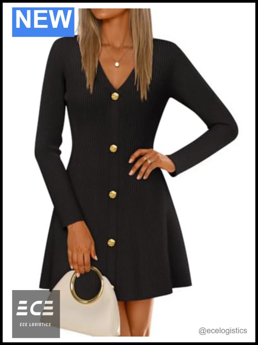 ZESICA Long Sleeve V Neck A-Line Button Up Mini Sweater Dress